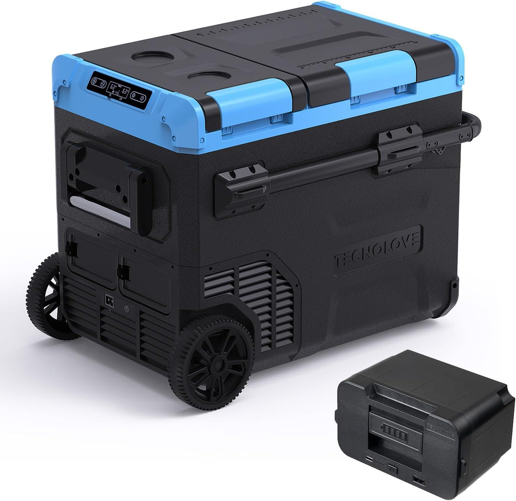 Car Refrigerator Fridge 48 Quart 45L Portable Freezer -4℉~68℉ Dual Zone Telescopic Handle All-Terrain Wheels Reversible Door 12/24V DC,110~240 Volt AC Compressor Cooler Blue