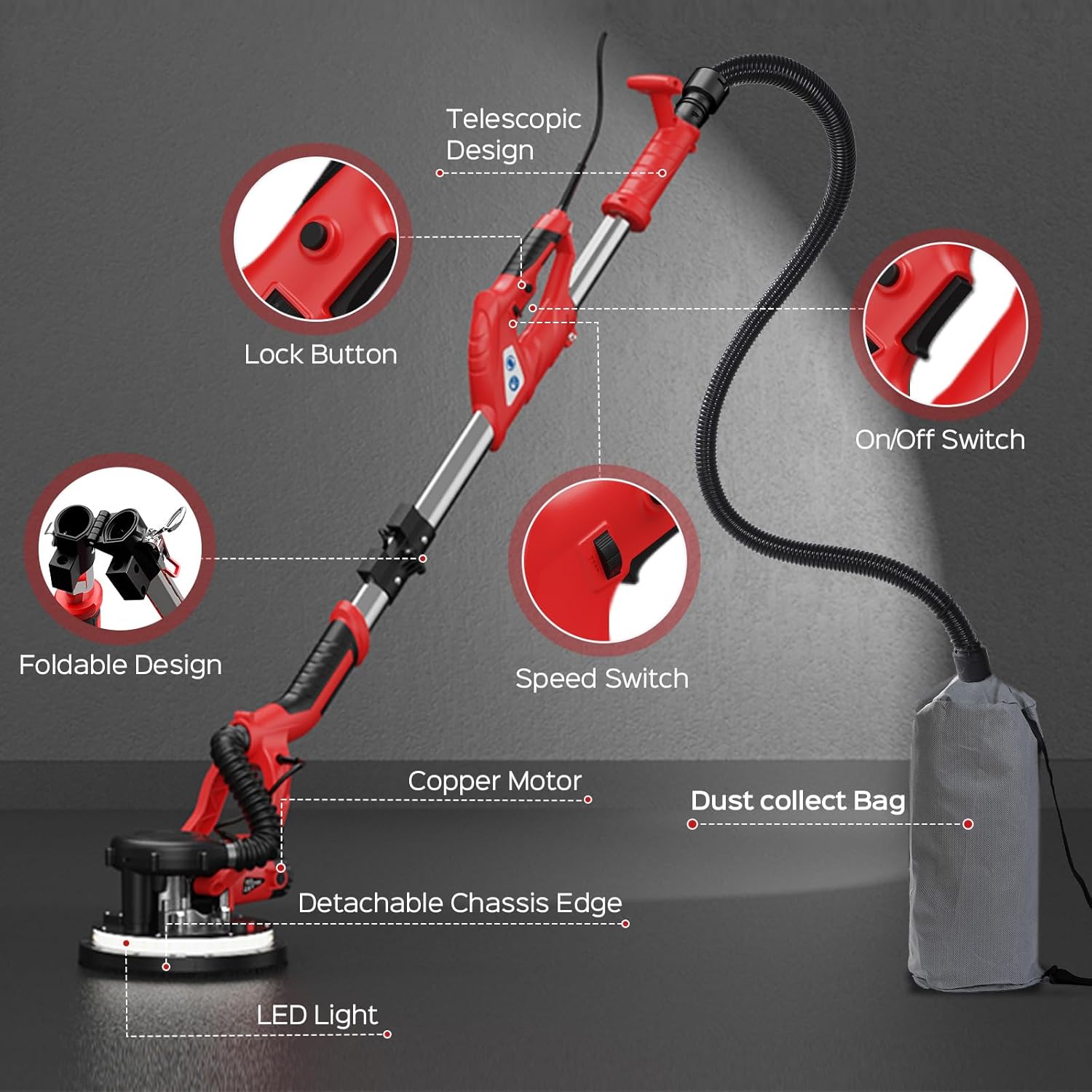 Drywall Sander, 2026 Upgraded 8-Amp Popcorn Ceiling Removal Tool with 7 Variable Speed 800-1800RPM, Drywall Sander with Vacuum Dust Collector with LED Light, Extendable Handle,12pcs Sanding Discs
