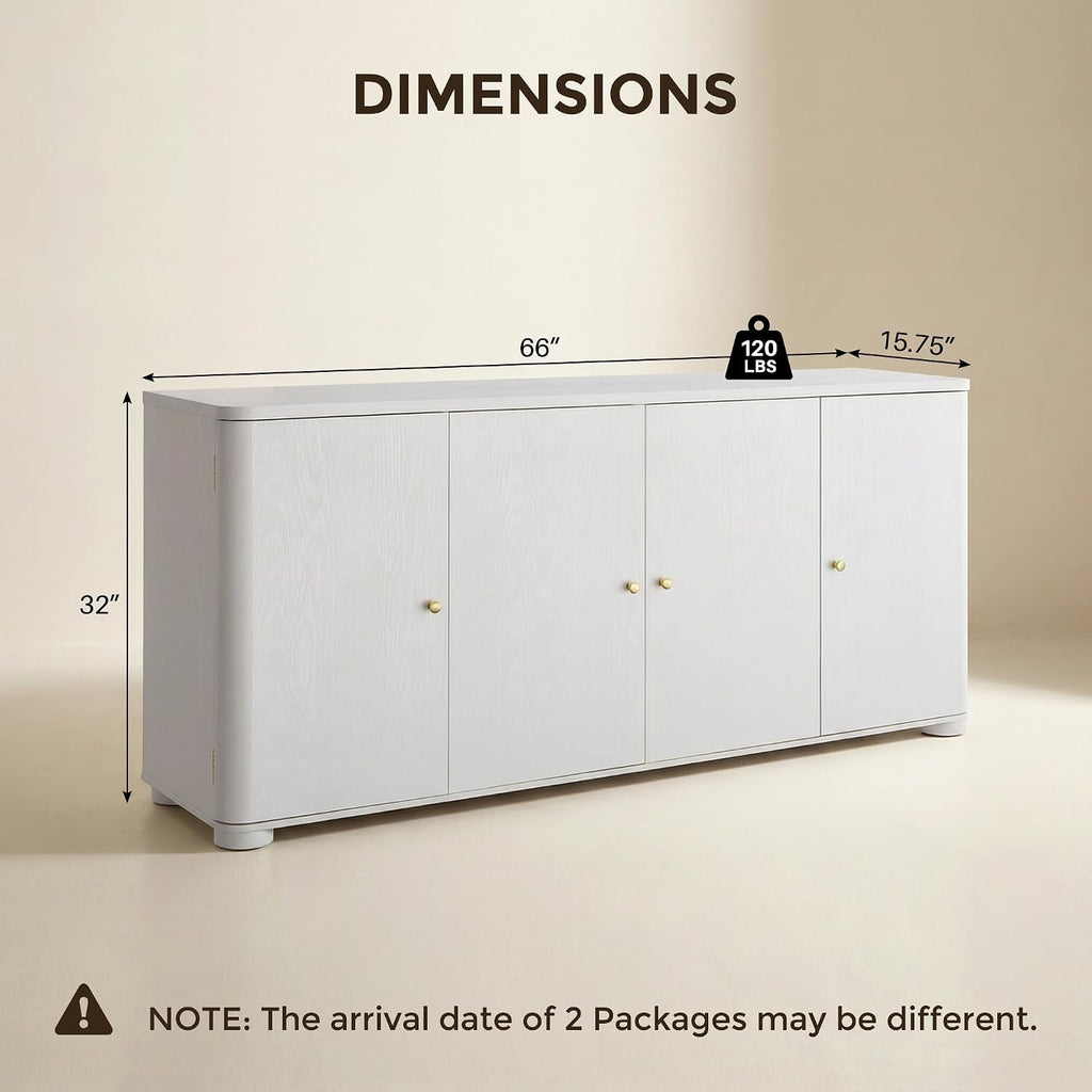IFGET Curved Buffet Cabinet with Doors, 66' Large Sideboard Buffet Storage Cabinet with 4 Doors and Shleves, Modern Coffee Bar Station Wood Kitchen Table for Kitchen, Dining Room, White
