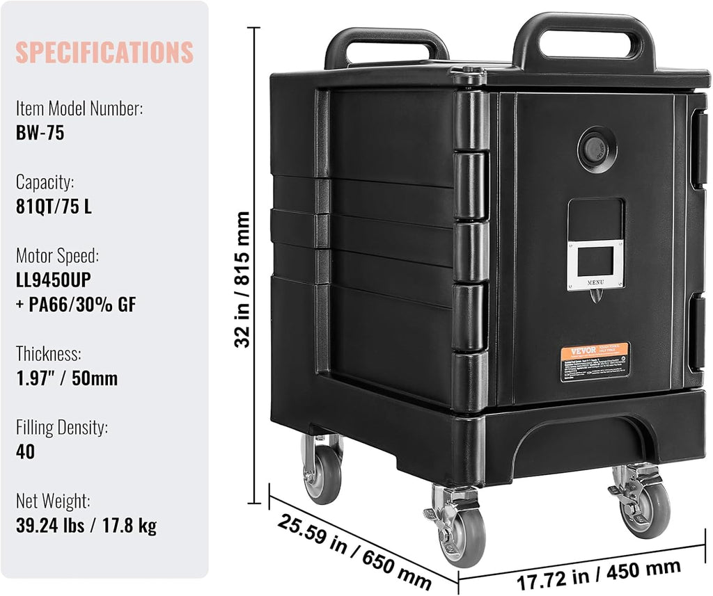 VEVOR Insulated Food Pan Carrier, 81 Qt Hot Box for Catering, Food Box Carrier with Double Buckles, Front Loading Food Warmer with Handles, Stackable End Loader with Wheels for Restaurant, Canteen
