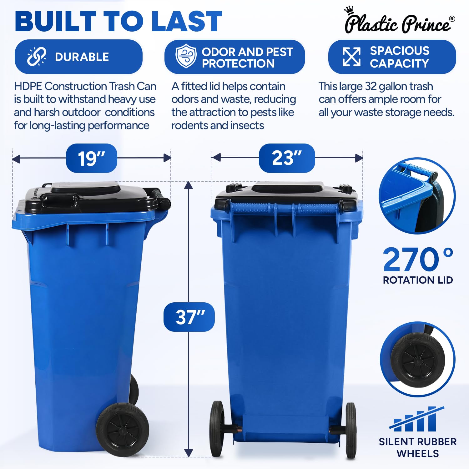 PLASTIC PRINCE 32 Gallon Trash Can Outdoor Recycling Bin with Lid and Wheels Heavy Duty Rolling Garbage Can with Lid Blue Recycle Bin with Wheels for Warehouses Hospitals Restaurants, Pack of 2