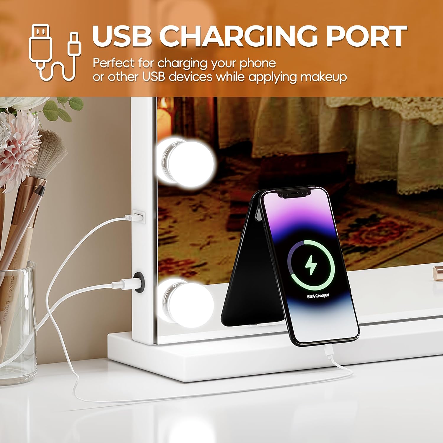 ZL ZELing Vanity Mirror Makeup Mirror with Lights,31.49' x 23.62'Large Tabletop Light up Mirror with 18Bulbs,10X Magnification,USB Charging Port,3 Color Touch Control Dimmable Lights.
