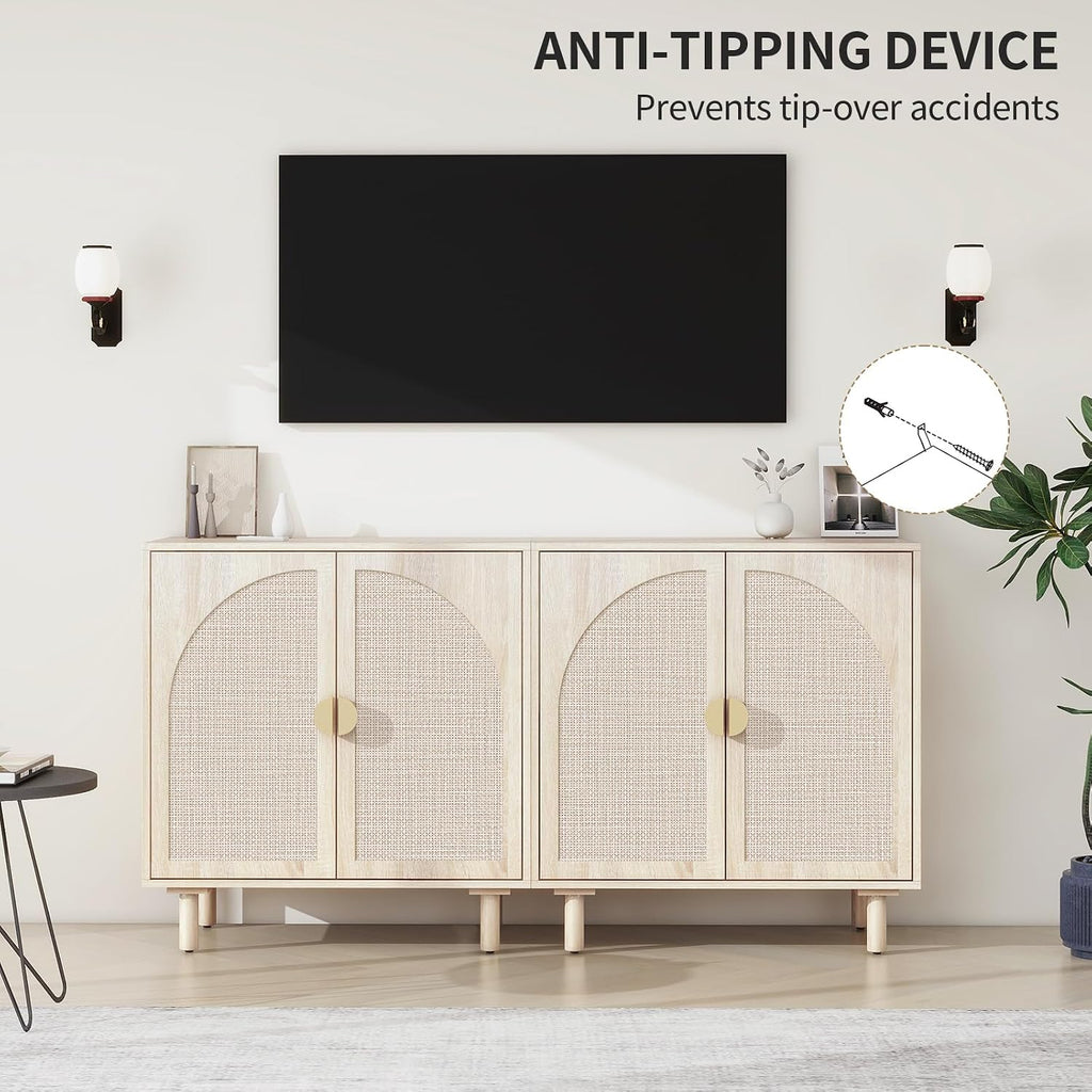 vistavie Rattan Buffet 2 Door Cabinet with Storage, Sideboard Storage Cabinet with Solid Pine Legs, Accent Wood Cabinet for Living Room, Dining Room, Kitchen (Natural, Set 2)