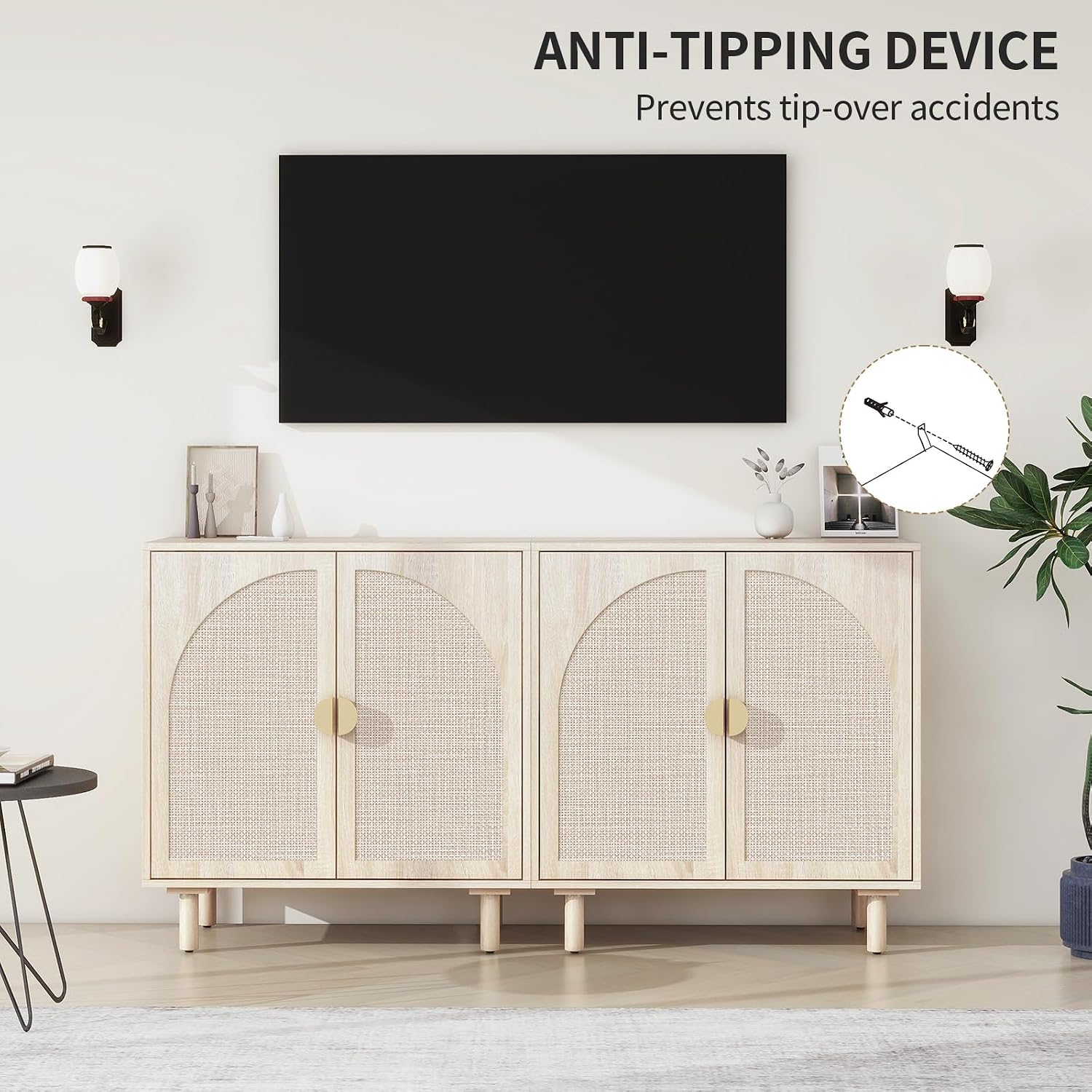 vistavie Rattan Buffet 2 Door Cabinet with Storage, Sideboard Storage Cabinet with Solid Pine Legs, Accent Wood Cabinet for Living Room, Dining Room, Kitchen (Natural, Set 2)