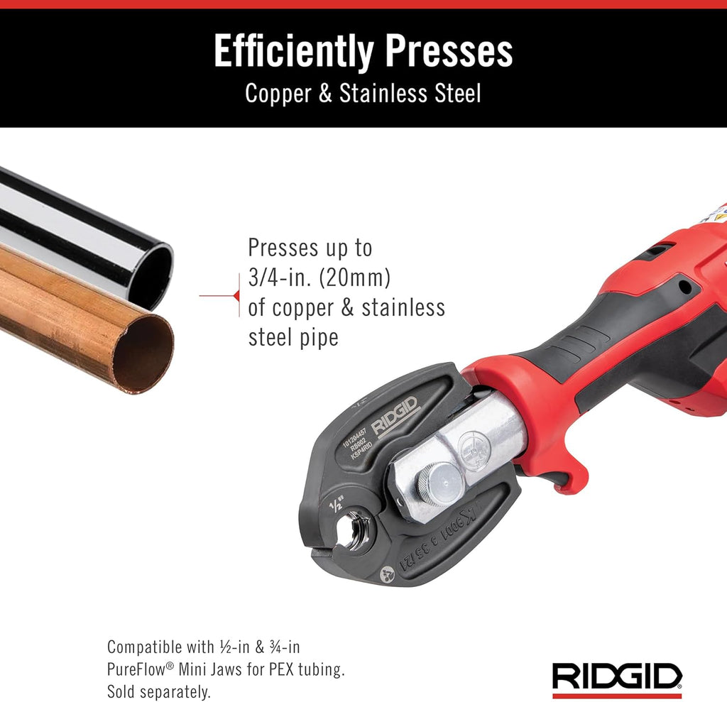 RIDGID 72553 Model RP 115 Mini Press Tool and Battery Kit with 1/2' to 3/4' ProPress Press Tool Jaws, 2V Li/Ion Battery, 12V Charger, and Carrying Case , Red