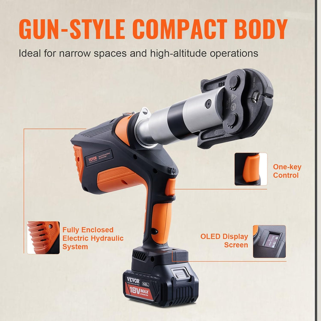 VEVOR 18V Press Tool, 32KN Electric Pipe Crimping Tool for 1/2' to 2' Copper Pipes, 360° Rotation Automatic Crimper with Brushless Motor & 6 Jaws - Compatible with ProPress