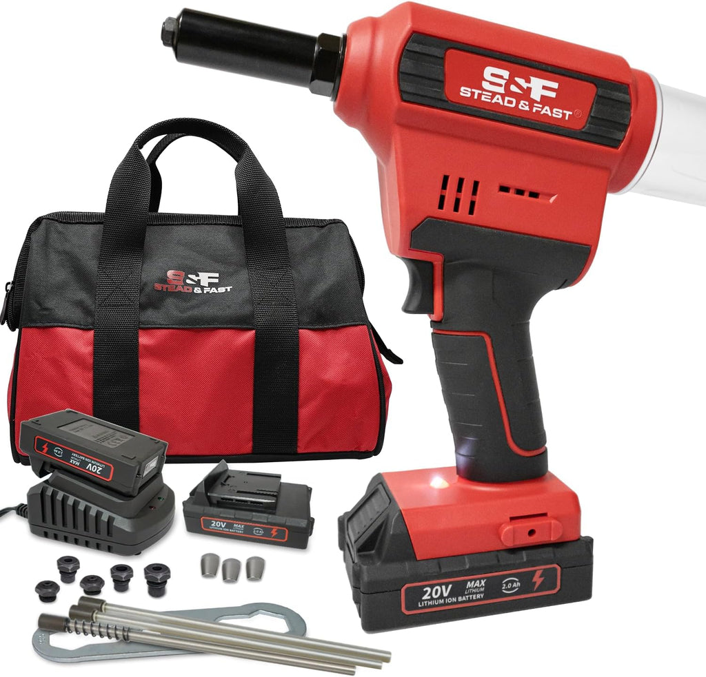 S&F STEAD & FAST Cordless Rivet Tool Kit, 1/8' - 1/4', Brushless, Industrial Grade, with Battery (2 pcs) and Charger, Electric Rivet Gun Set with Case