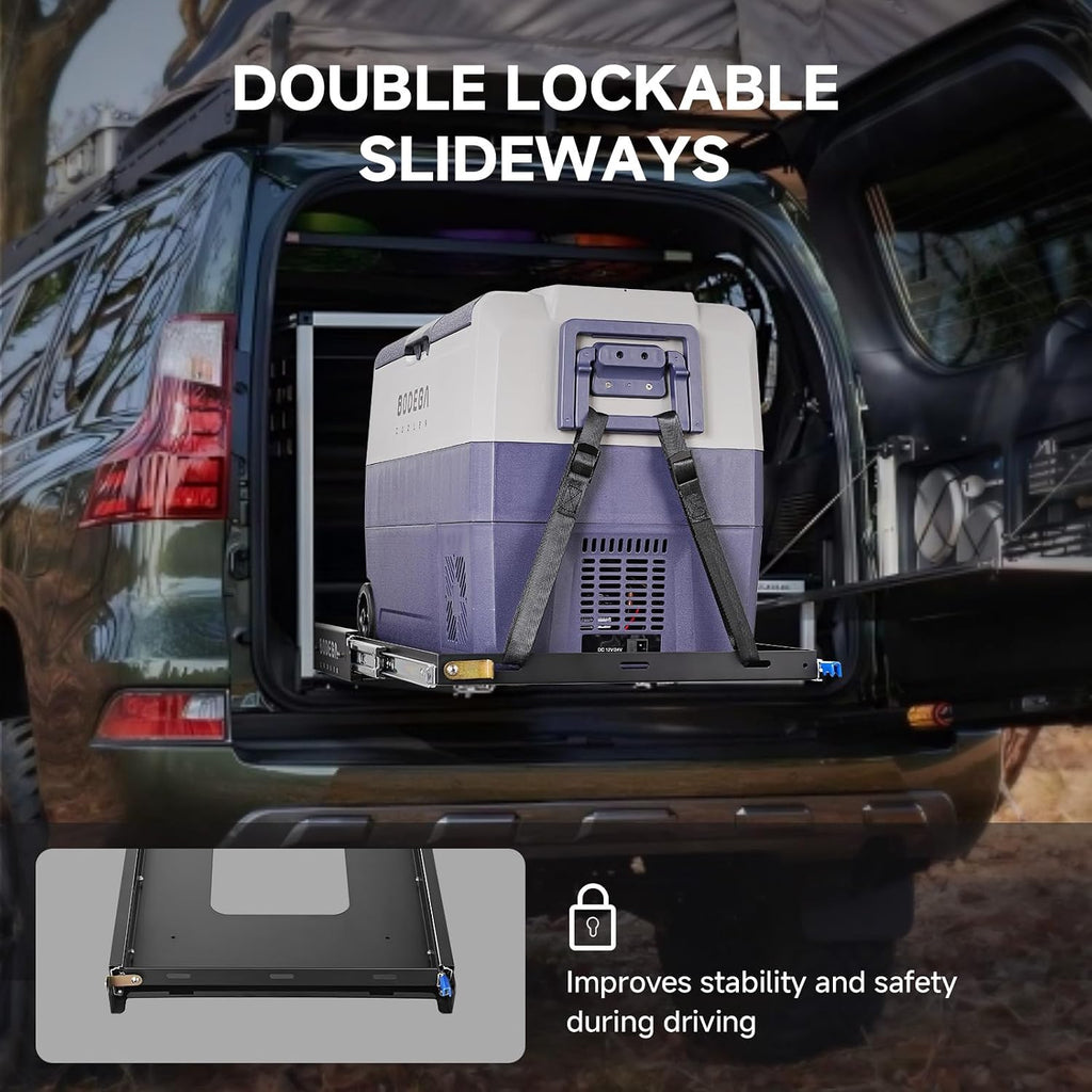BODEGACOOLER Car Fridge Slide, Inner 29.4 x 17.2in, Vehicle Refriderator Slider with 4 Buckle Straps, Max 220 LBS/100Kg