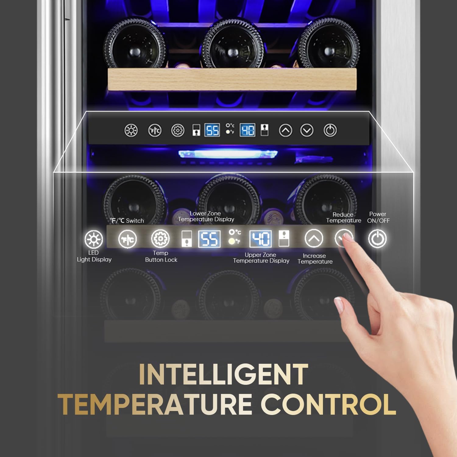 15 Inch Wine Cooler Under Counter, 30 Bottle Dual Zone Wine Fridge with Stainless Steel Glass Door, Built-In or Freestanding Wine Cellar with Digital Temperature Control for Home, Kitchen, or Office