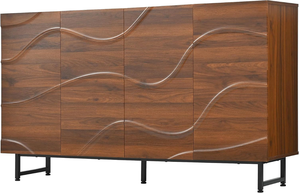 59' Modern Art Sideboard Cabinet with Storage, Sideboard Buffet Cabinet with Wave Relief Design & Metal Legs, Walnut Texture Storage Cabinet for Living Room, Dining Room
