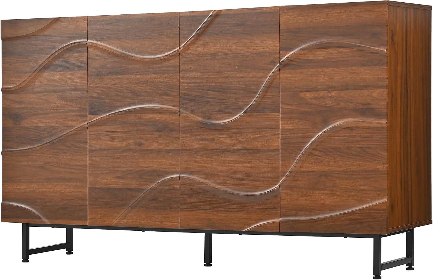59' Modern Art Sideboard Cabinet with Storage, Sideboard Buffet Cabinet with Wave Relief Design & Metal Legs, Walnut Texture Storage Cabinet for Living Room, Dining Room