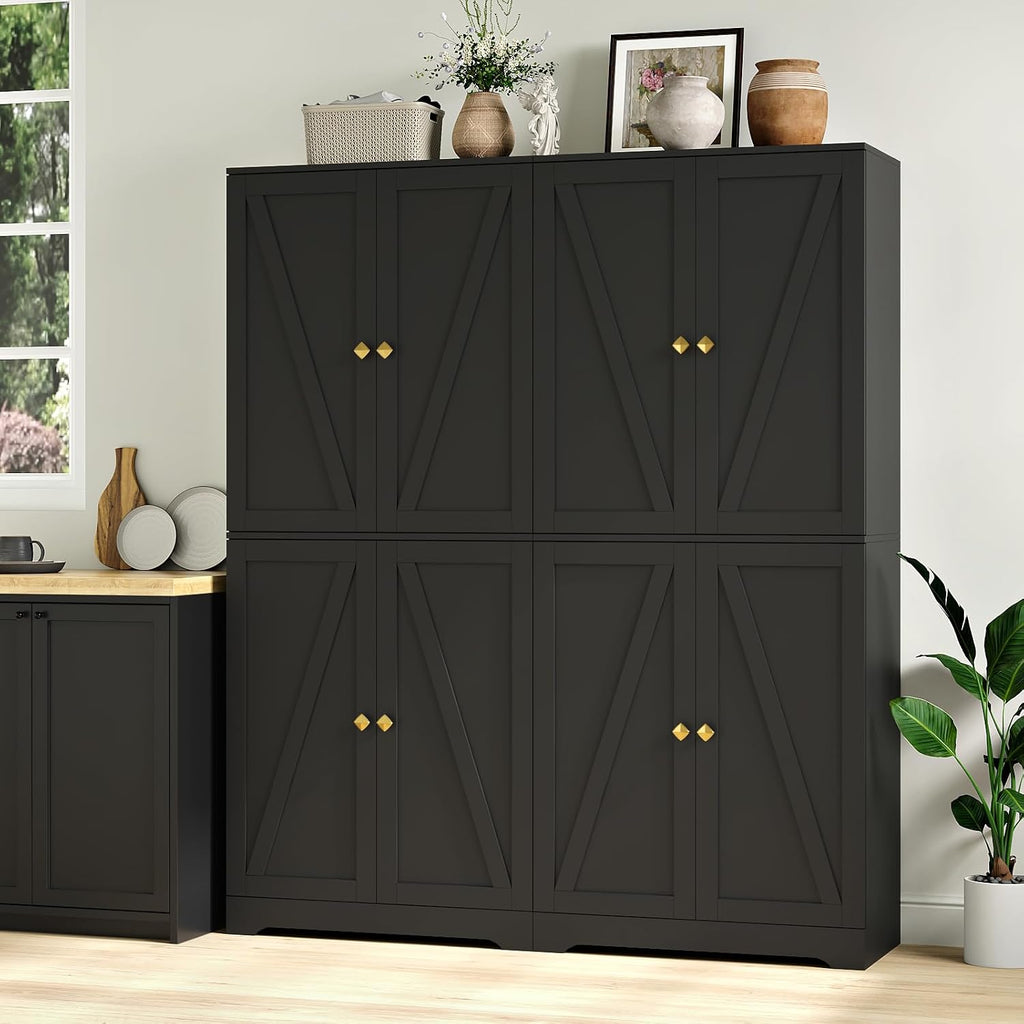 Kitchen Pantry Cabinet Set of 2, 72' Tall Farmhouse Storage Cabinet with 4 Barn Doors and Adjustable Shelves, Pantry Storage for Kitchen, Living Room, Black