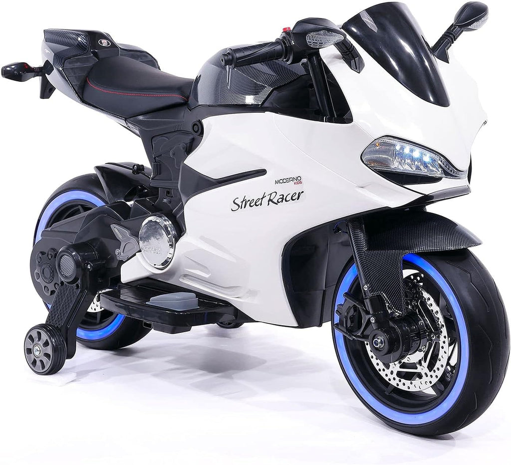 Moderno Kids Street Racer 12V Battery Power Electric Children Ride-On Motorcycle Bike + EVA Foam Rubber Tires + Leather Seat + MP3 USB Music Player + LED Lights + Training Wheels