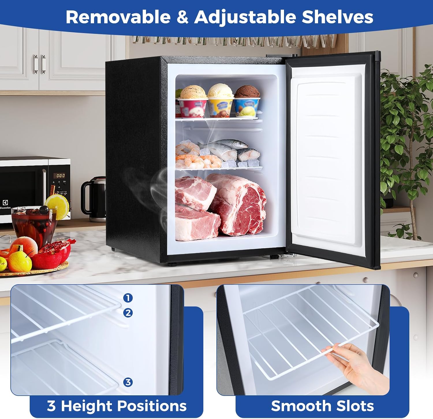 COSTWAY 2.1 Cu.Ft Small Freezer, Compact Upright Mini Freezer w/Reversible Single Door, 7 Adjustable Thermostat, Low Noise, 2 Removable Shelves for Bedroom, Office, Dorm, Apartment (Silver)