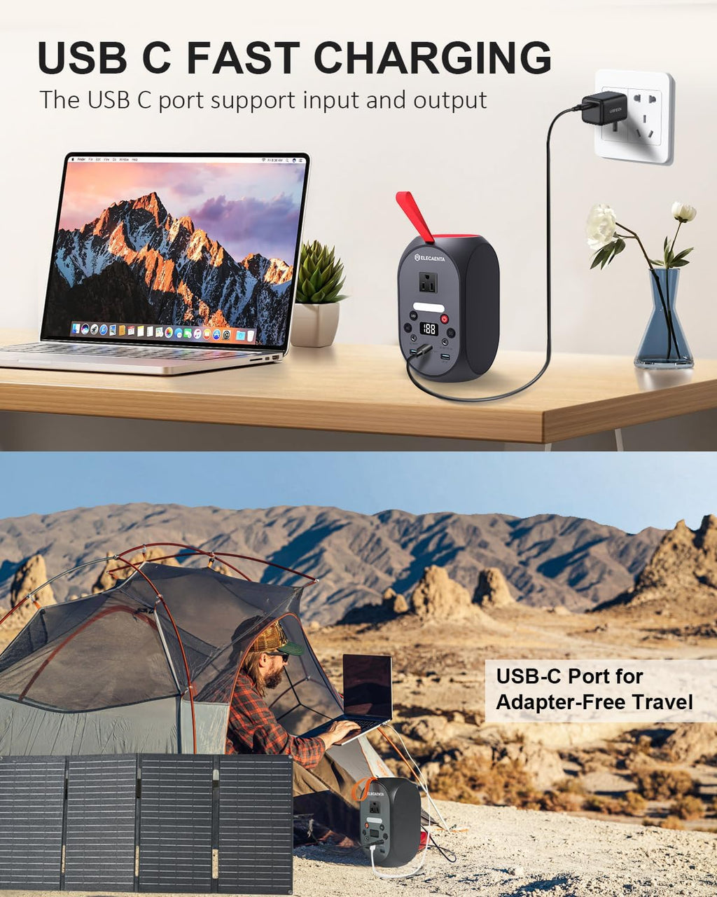ELECAENTA 99Wh Portable Power Station with 60W Solar Panel Charger, 120W (Peak 200W) LiFePO4 Battery Bank Backup, Small Solar Generator for Outdoors Camping Travel Hunting Blackout Home Use