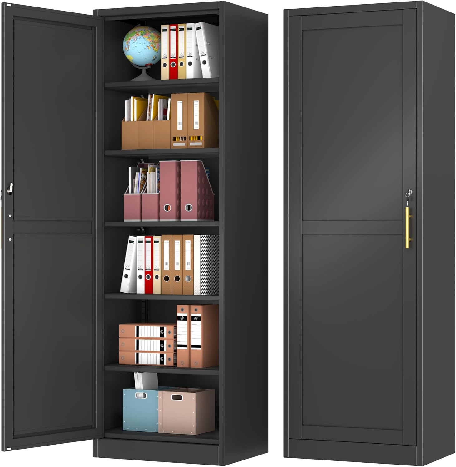 Tall Narrow Slim Metal Storage Cabinet with Lock and 5 Adjustable Shelves,Steel File Cabinets,Kitchen Pantry Cabinet Locker Organizer - 67' Storage Cabinets for Bathroom,Bedroom,Office,Black