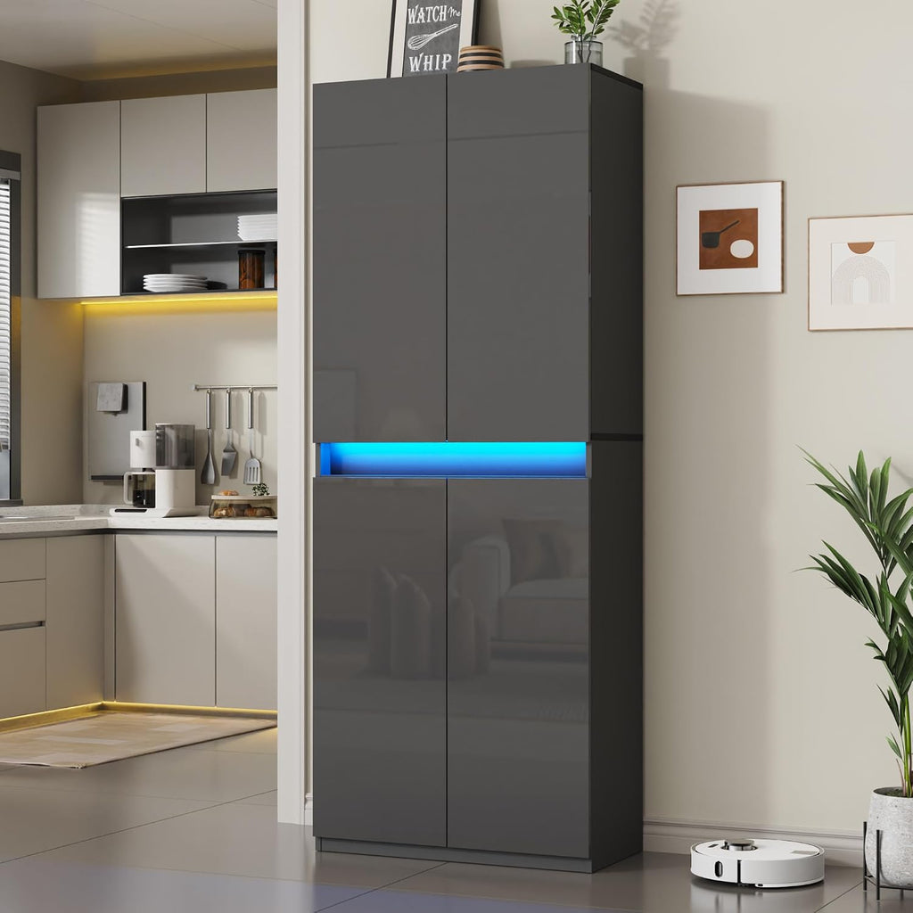 Furnify 71' Tall Pantry Storage Cabinet, Kitchen Pantry with High Gloss Doors, Modern Buffet Hutch Cabinet with Led Light and Adjustable Shelves for Dining Room, Living Room, Grey