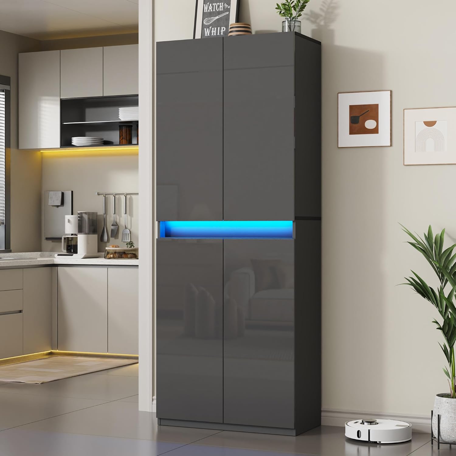 Furnify 71' Tall Pantry Storage Cabinet, Kitchen Pantry with High Gloss Doors, Modern Buffet Hutch Cabinet with Led Light and Adjustable Shelves for Dining Room, Living Room, Grey