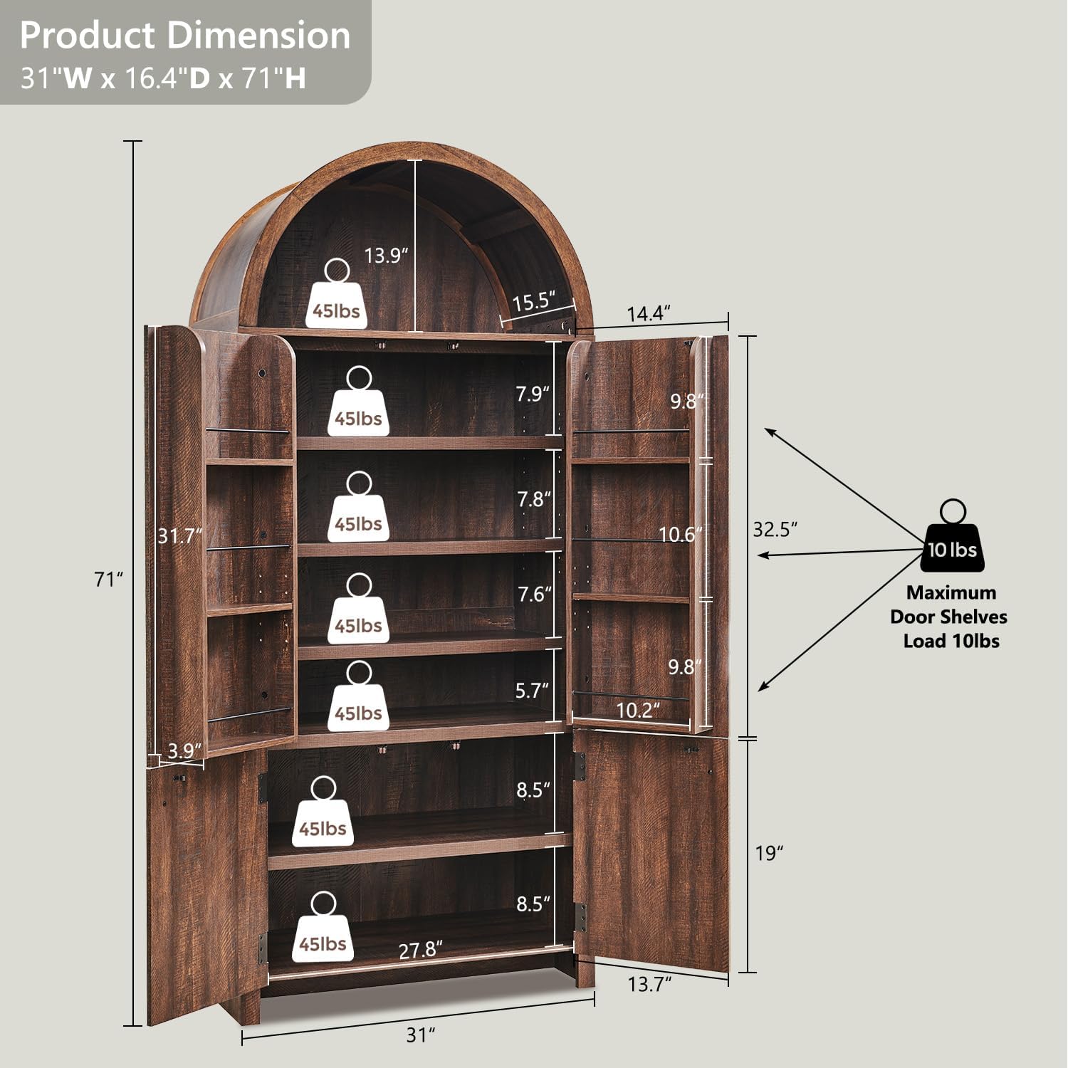 IFBUY 71' Tall Arched Bathroom Storage Cabinet, Modern Fluted Storage Cabinet w/Doors, 3 Adjustable Shelves, 6 Door Shelves, Wood Freestanding Cabinet for Bathroom, Entryway, Hallway, Brown