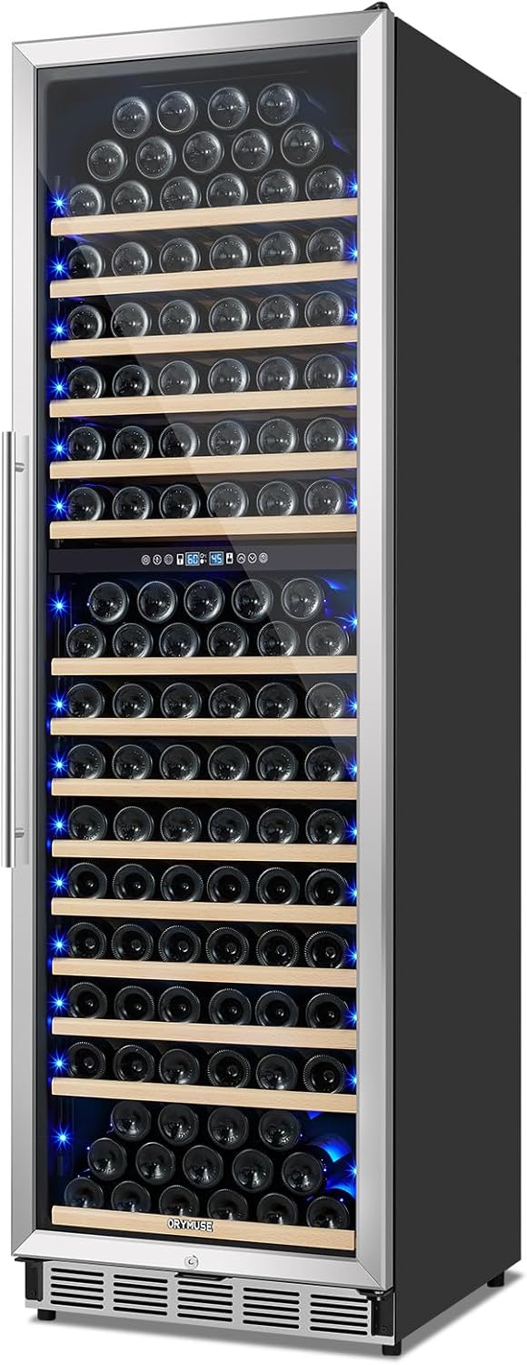 ORYMUSE 200 Bottle Dual Zone Wine Fridge - 24 Inch Large Wine Cooler Refrigerator, Freestanding and Built-in Design, Upgraded Compressor Cooling, Intelligent Temperature Memory