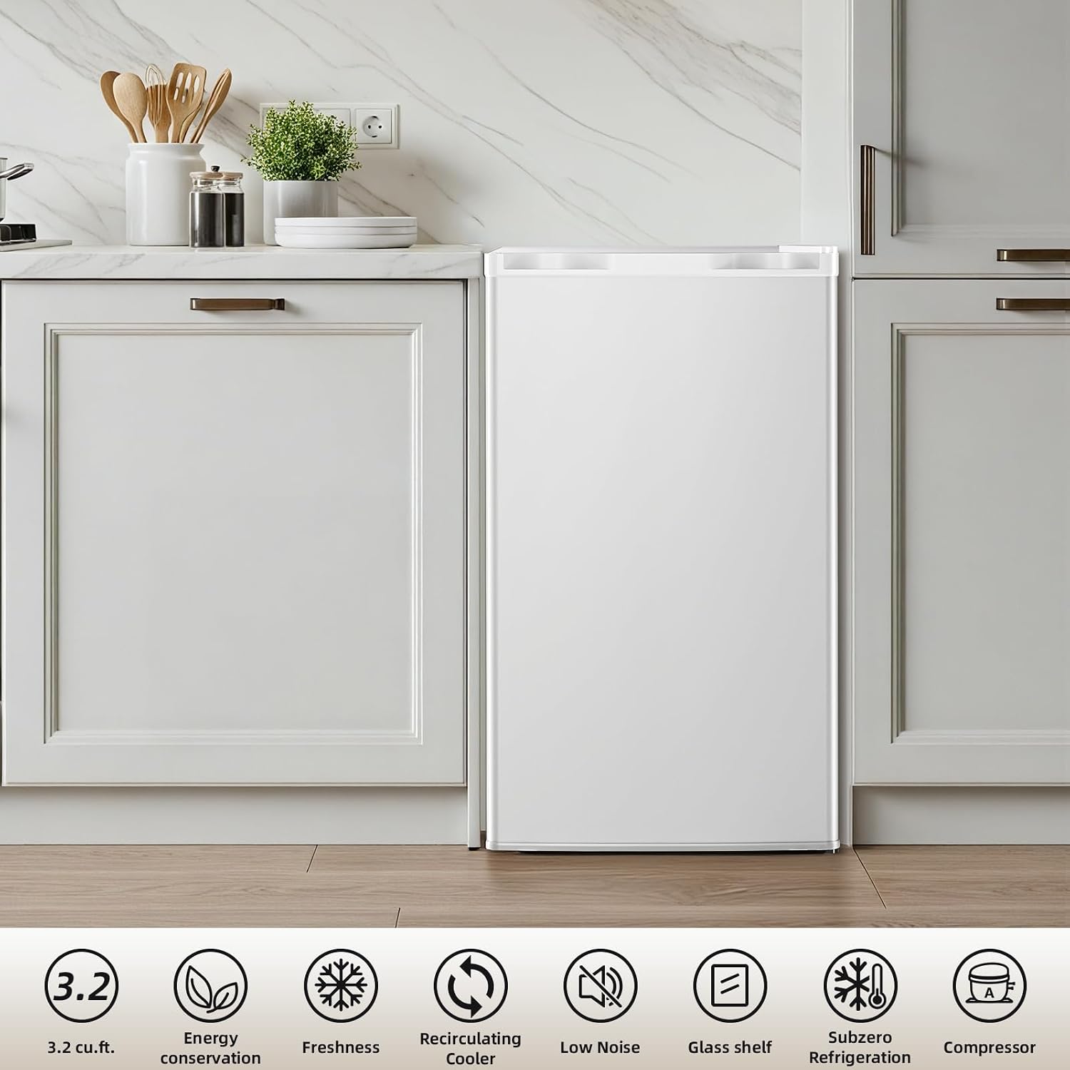 Antarctic Star Compact Refrigerator with Freezer, 3.2 Cu.Ft Mini Fridge with Adjustable Thermostat,Single Door,Removable Glass Shelves for Dorm/Kitchen/Office,WHITE