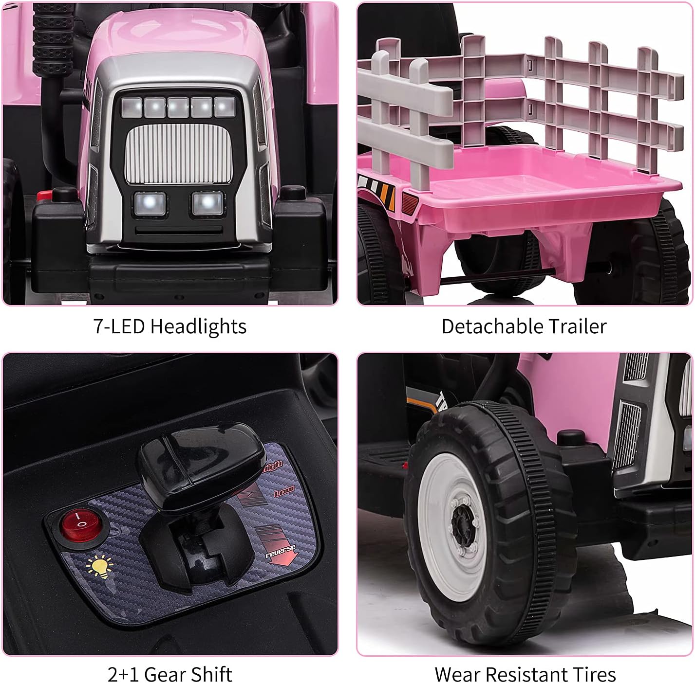 12V Kids Ride On Tractor with Trailer & Remote Control, Toddler Battery Powered Electric Vehicle, Slow Start 7LED Headlights USB Music Player 2+1 Gear Shift, Pink, 35W/ EVA Tire
