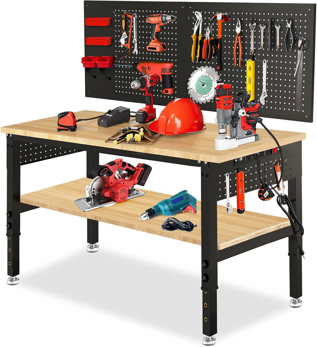 48×24 Adjustable Height Work Bench Heavy Duty Workbench for Garage with Under Table Shelf Rubber Wood Work Table with Pegboard for Shop Woodworking, Office, Home, Commercial