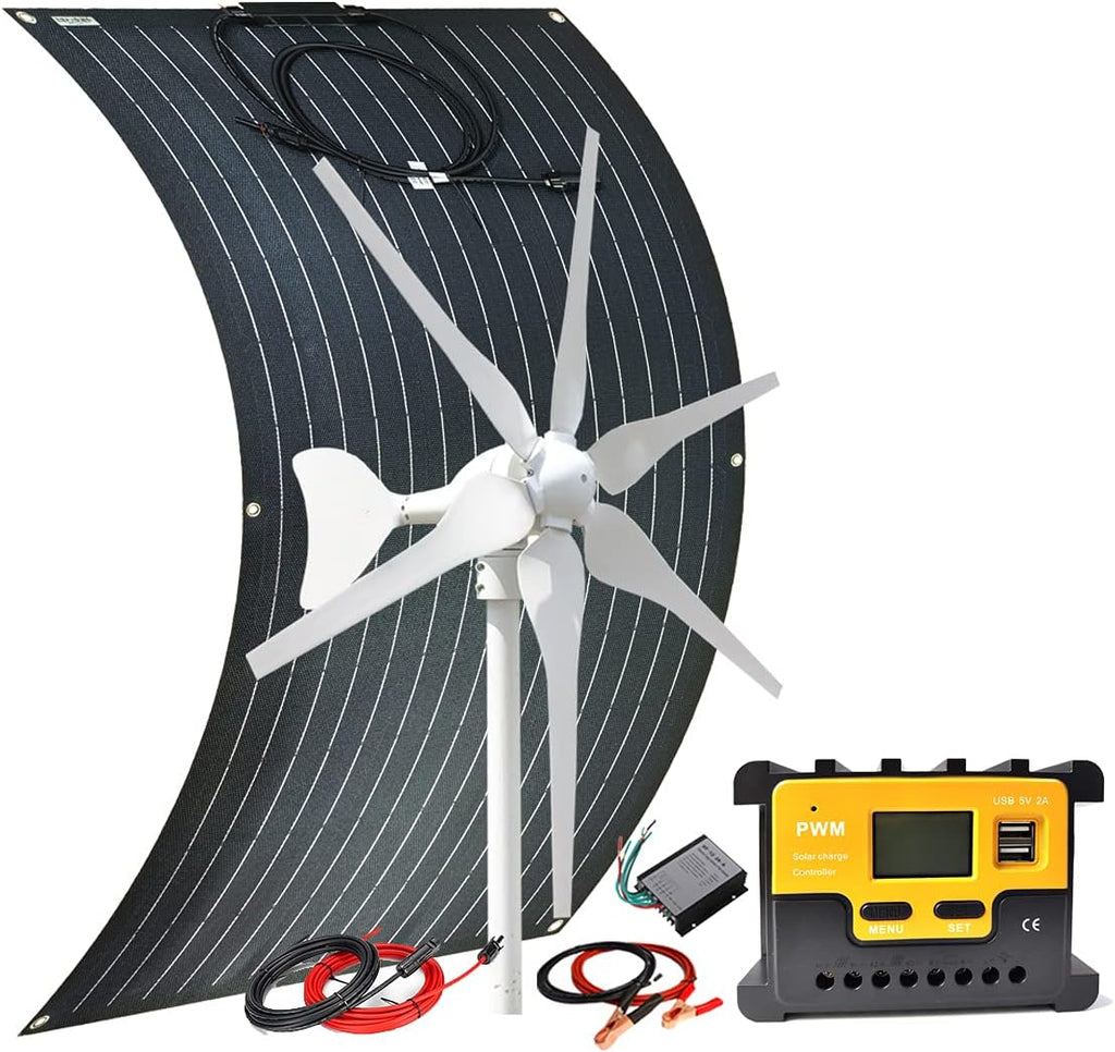 400W Wind Turbine Generator + 100W ETFE Flexible Monocrystalline Solar Panel, 500W Solar Wind Kit Hybrid System for RV Boat Cabin Mobile Home