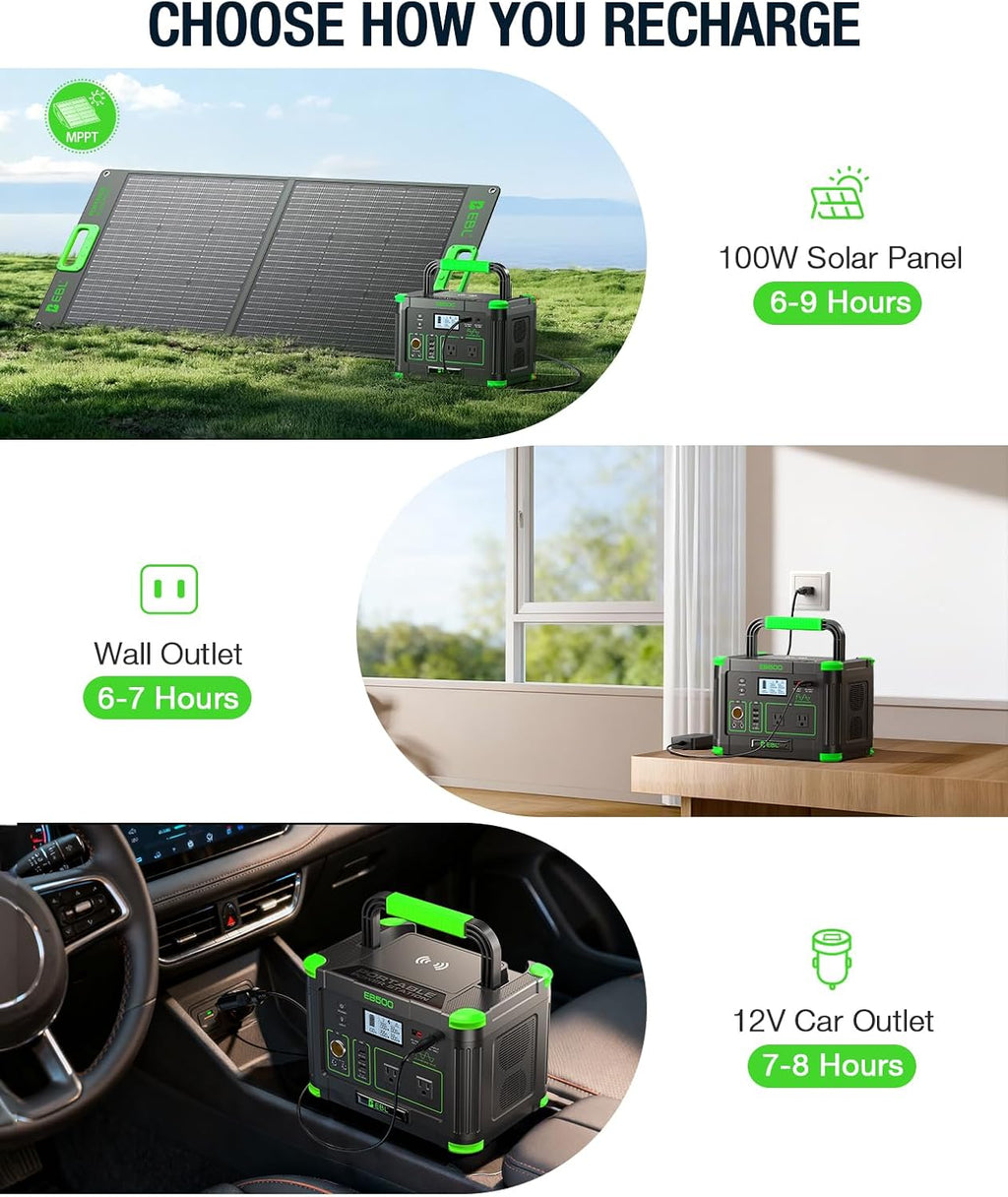EBL 500W Portable Power Station with 100W Portable Solar Panel 20V, Outdoor Solar Generator 500W(Peak 1000W) Backup Battery Pack Solar Kit for RV/Van Camping Fishing Climbing Road Trip Home Emergency