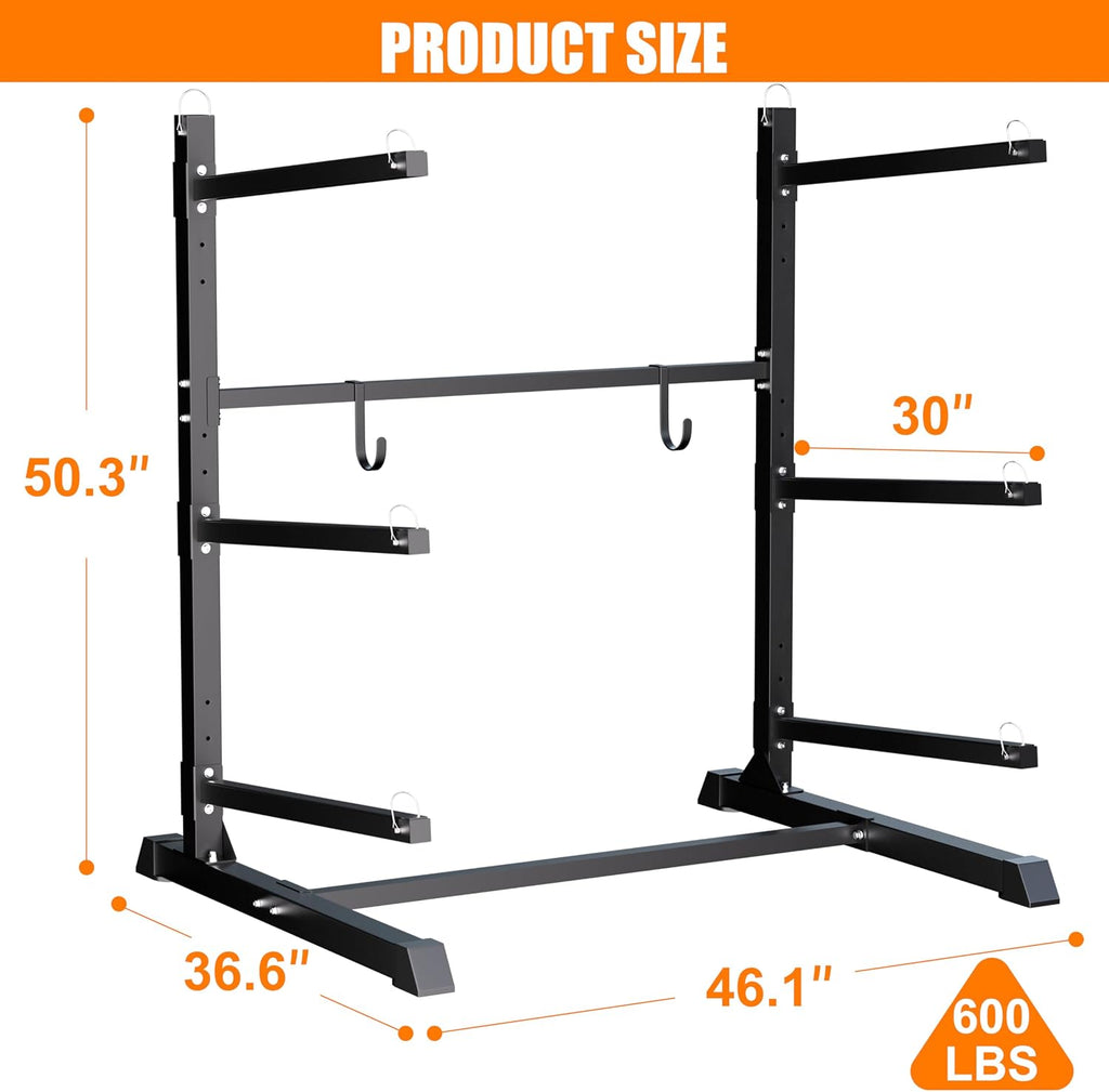 TRUSOON Outdoor Freestanding Kayak Rack, Heavy Duty Kayak Stand for 3 Kayaks, Canoe, Surfboard, Paddle Board Storage, Hold up to 600lbs, Black