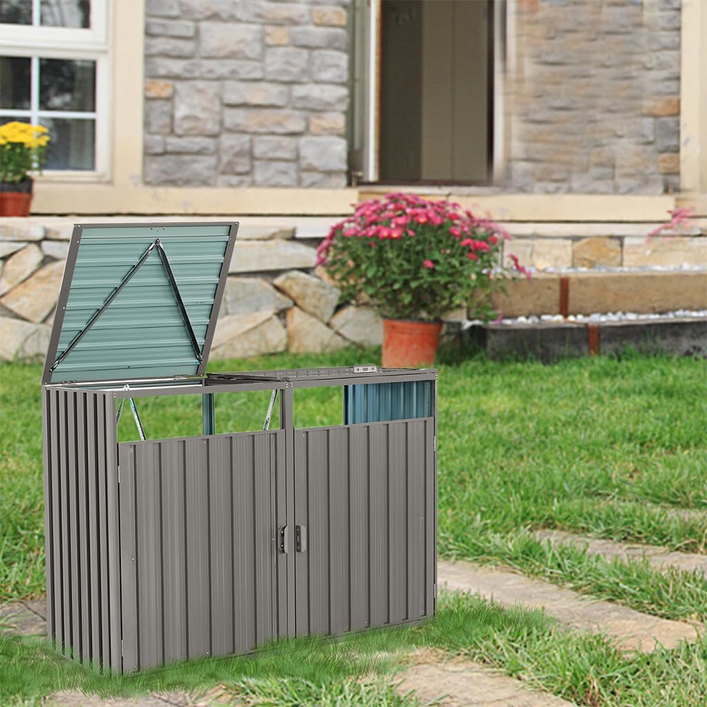 Outdoor Storage Shed for Trash Cans and Yard Tools, Bike Shed Heavy Duty Metal Shed Tool Shed with 2 Doors, Horizontal Stow-Away Storage Shed for Backyard Patio Garden,Gray,63'L × 31.5'W × 48'H