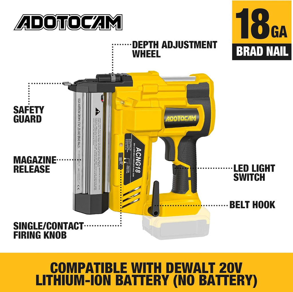Cordless 2' Brad Nailer Compatible with DeWalt 20V Battery(No Battery), 2 in 1 Electric Nail Gun/Staple Gun,18GA Nail Gun Battery Powered with 1000 Nails/Staples for Woodworking & Home Improvement