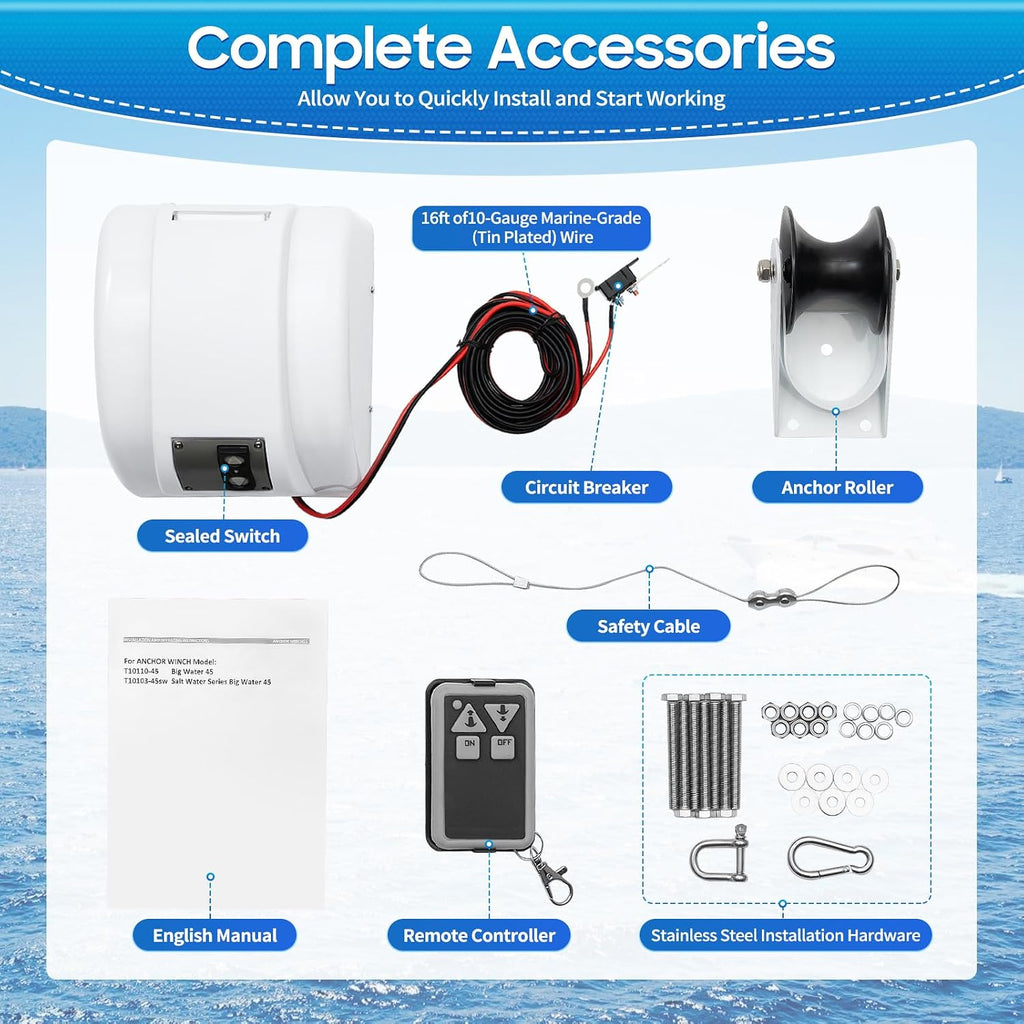 OUKANING Boat Electric Anchor Winch, Anchors Up to 25/35/45 LBS, 12-Volt DC Boat Anchor Wench with Wireless Remote Control, High-Efficiency Marine Saltwater Anchor Windlass Kit Includes 100-feet Rope