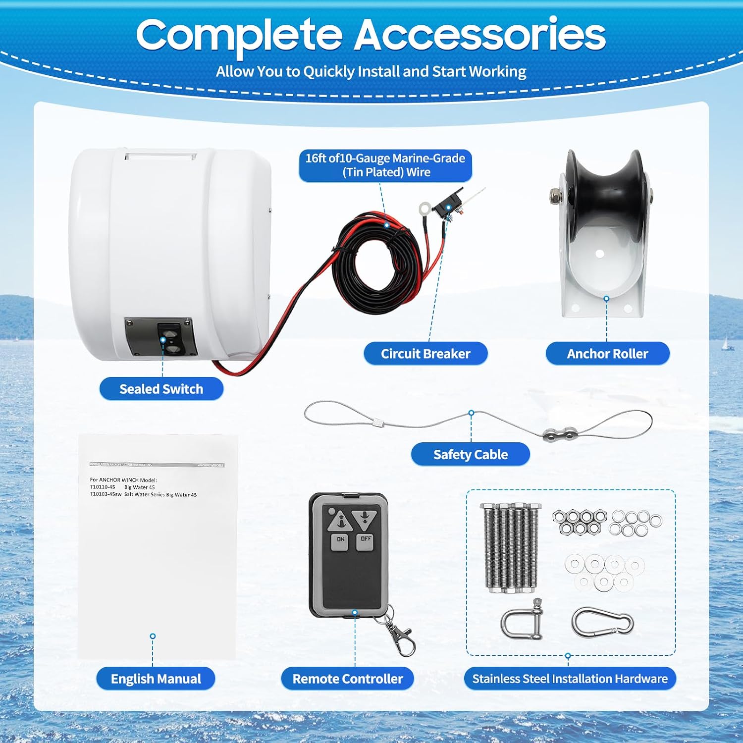 OUKANING Boat Electric Anchor Winch, Anchors Up to 25/35/45 LBS, 12-Volt DC Boat Anchor Wench with Wireless Remote Control, High-Efficiency Marine Saltwater Anchor Windlass Kit Includes 100-feet Rope