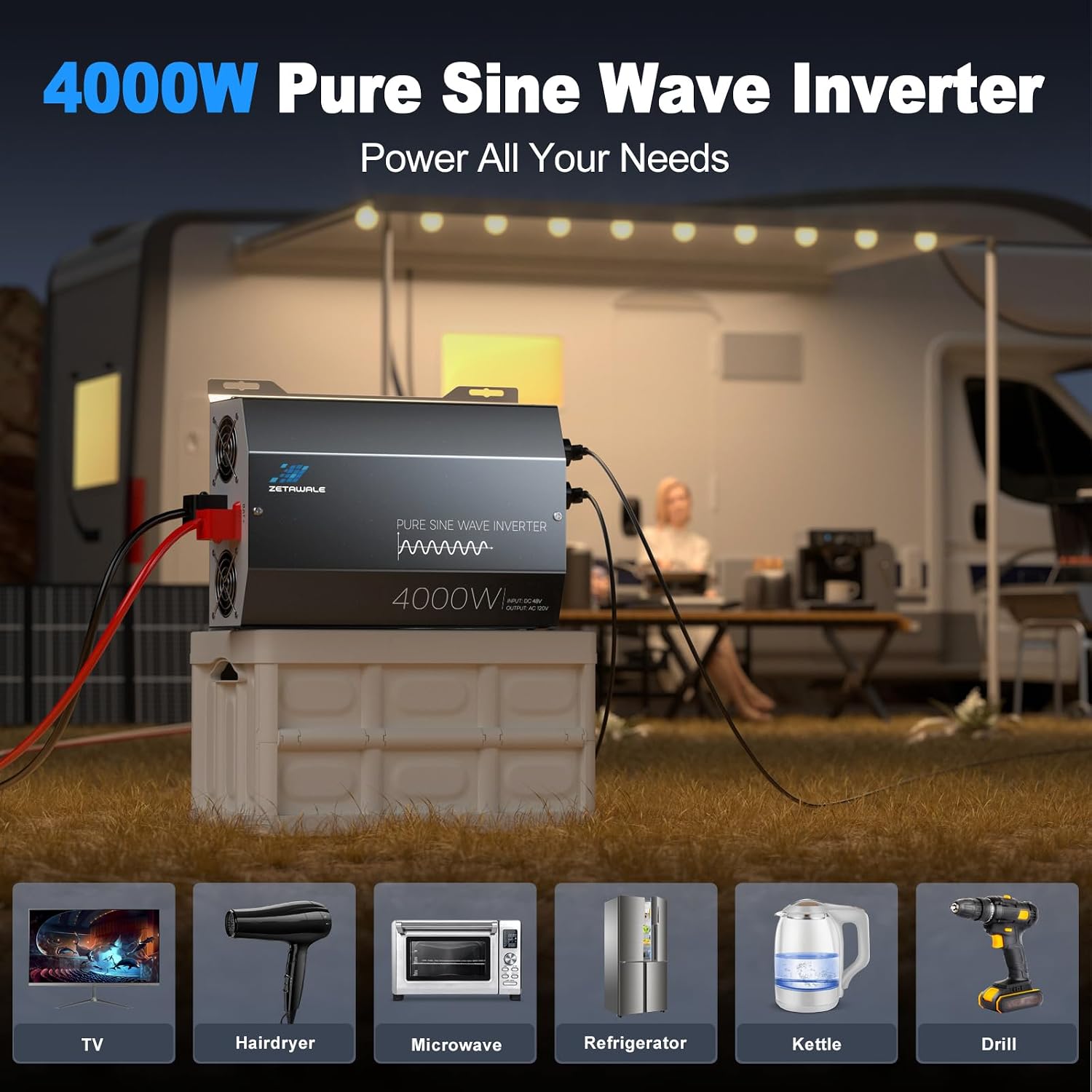 4000W Pure Sine Wave Inverter 48V DC to 110V/120V AC Converter, 8000W Peak, High-Efficiency Off-Grid Power Inverter for Solar System, 4 AC Outlets, USB & Type-C, LCD Remote Control