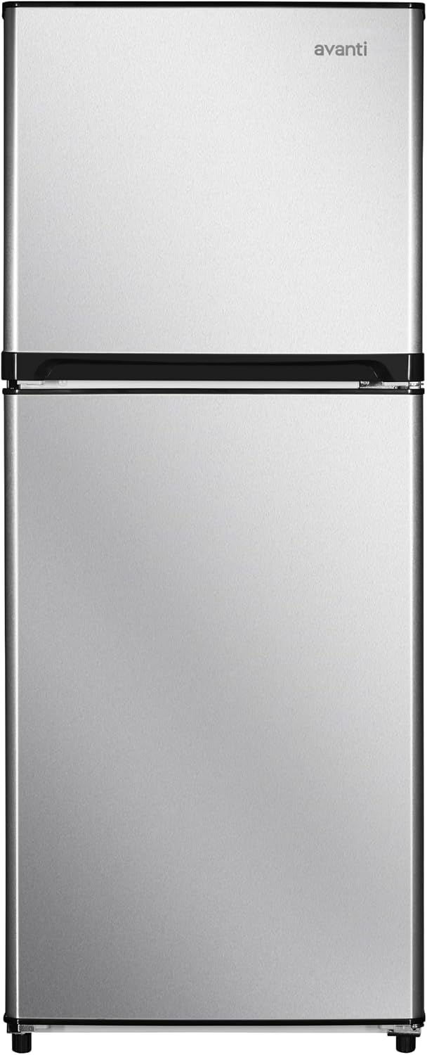 Avanti Apartment Size Refrigerator Frost-Free Defrost with Top Freezer Adjustable Glass Shelves LED Lighting Reversible Door 10.0 Cu. Ft., in Stainless Steel