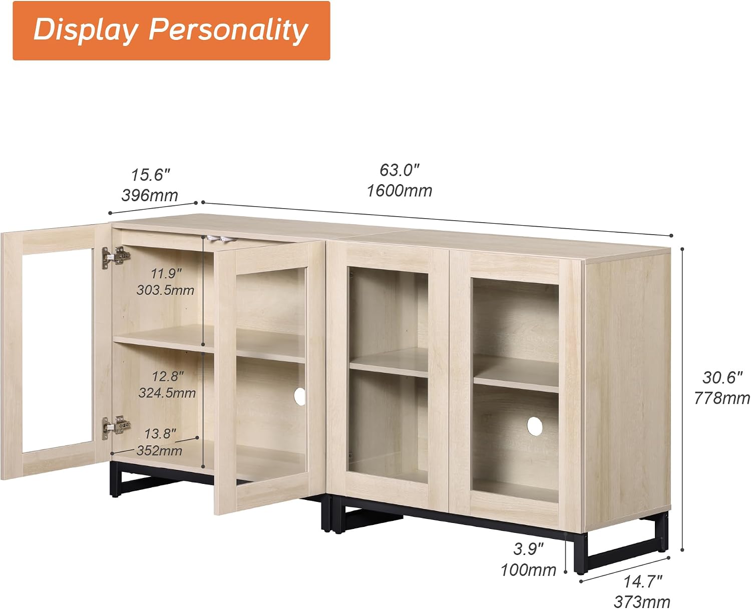 WAMPAT Sideboard Buffet Cabinets, Modern Credenza Sideboard with Adjustable Shelf and Metal Base, Coffee Bar Cabinet Accent Storage Cabinet for Living Room, Kitchen, Beige-A, 2 Pcs