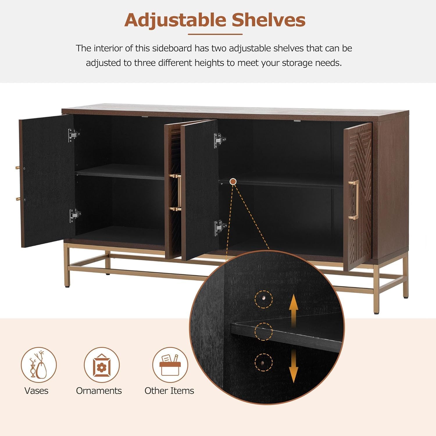 Virubi 60' Sideboard Buffet Cabinet with Storage, Doors and Gold Handles, Wood Modern Sideboard Accent Cabinet with Adjustable Shelves for Living Room, Hallway, Entryway (Espresso)