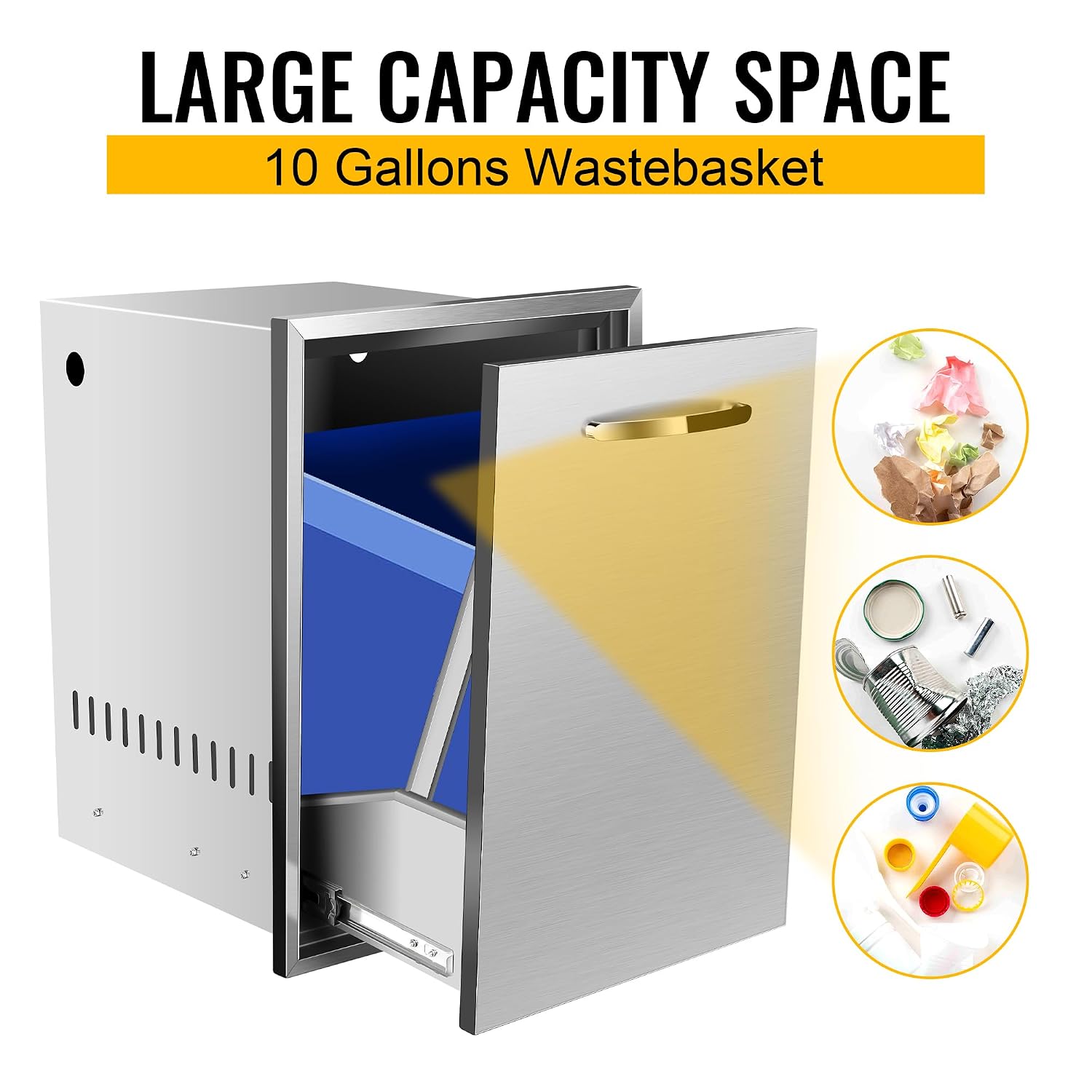 Pull-Out Single Trash Drawer 16''Wx22.3''Hx18''D, Built-in Trash Drawer, Outdoor Kitchen Stainless Steel Trash Bin for BBQ Island Grill Station
