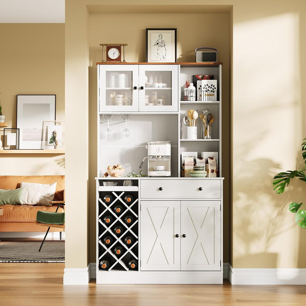 Coffee Bar Cabinet with Power Outlet & Exquisite Barn Doors, Sideboard Buffet Cabinet with Wine Bottle Rack, Storage Cabinet for Kitchen, Dining Room