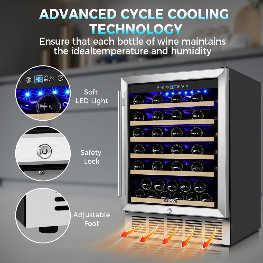 ORYMUSE 24 Inch Wine Fridge, 54 Bottle Wine Cooler Refrigerator with Stainless Steel Glass Door, LED Display, Upgraded Compressor, Built-In or Freestanding for Home Bar Kitchen