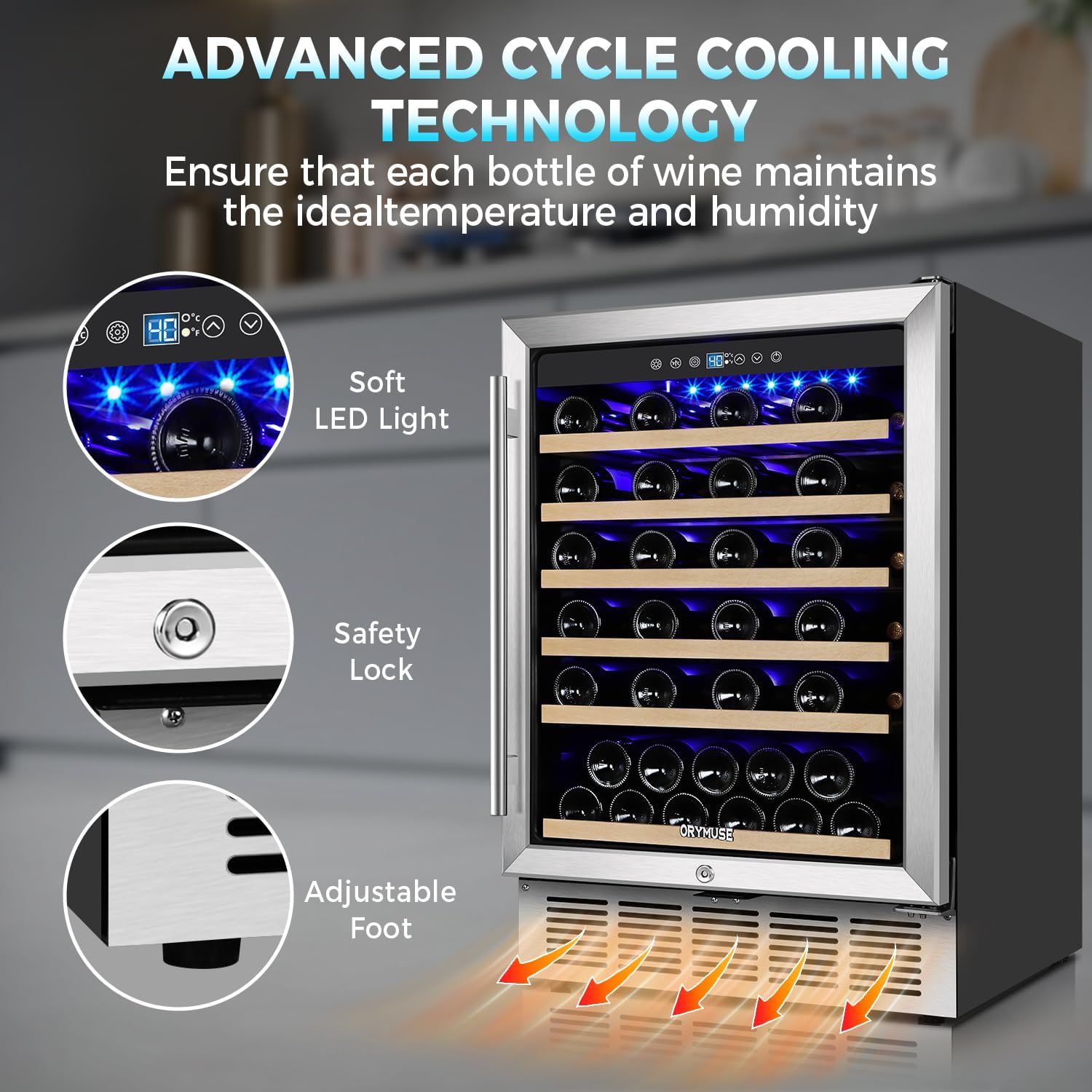 ORYMUSE 24 Inch Wine Fridge, 54 Bottle Wine Cooler Refrigerator with Stainless Steel Glass Door, LED Display, Upgraded Compressor, Built-In or Freestanding for Home Bar Kitchen