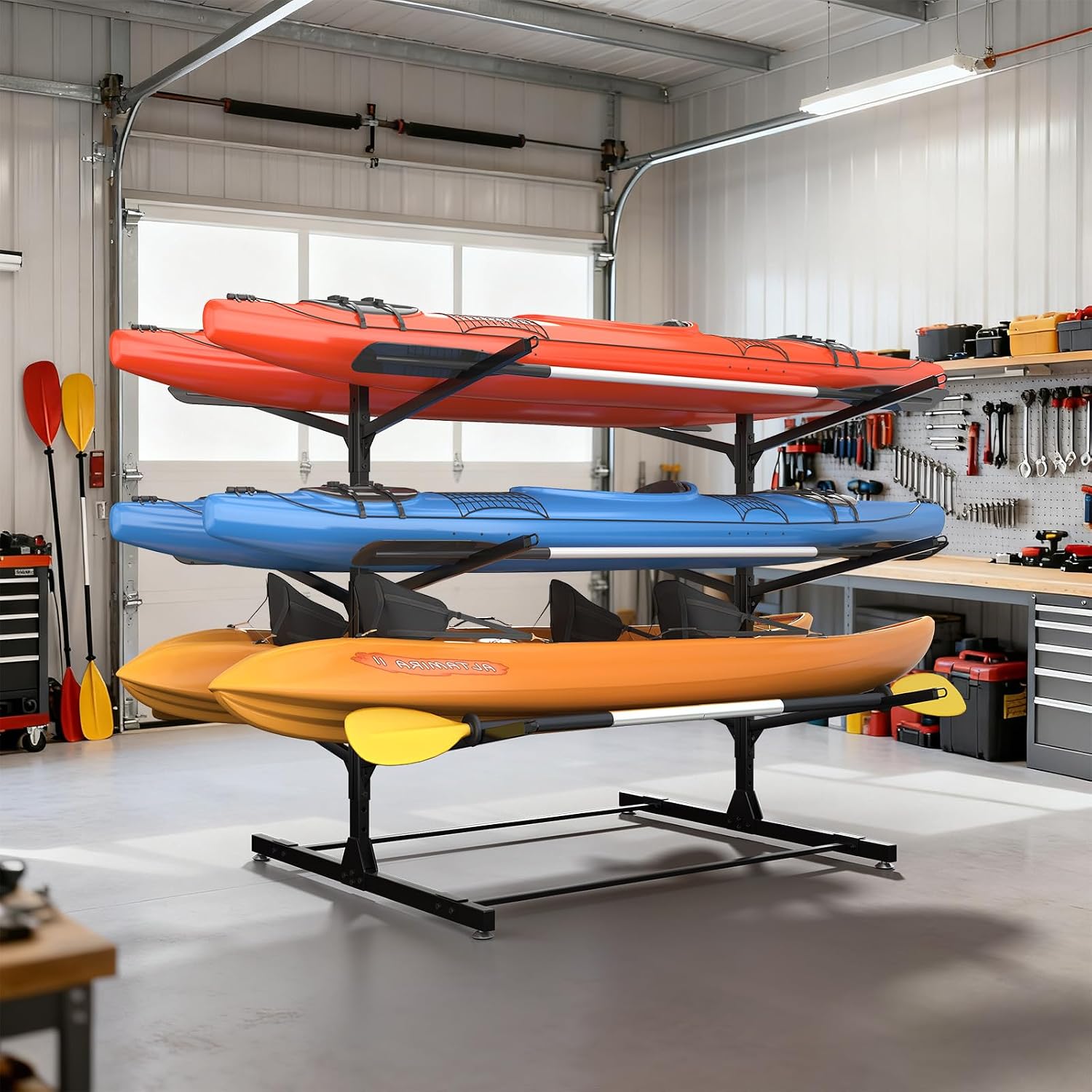 LotFun Kayak Storage Rack, Freestanding Heavy Duty Adjustable Kayak Stand Indoor Outdoor Storage Rack Garage, with Wheels and Foot Pad, for Kayaks, SUPs, Canoes, Surfboard (3 Levels for 6 Kayaks)