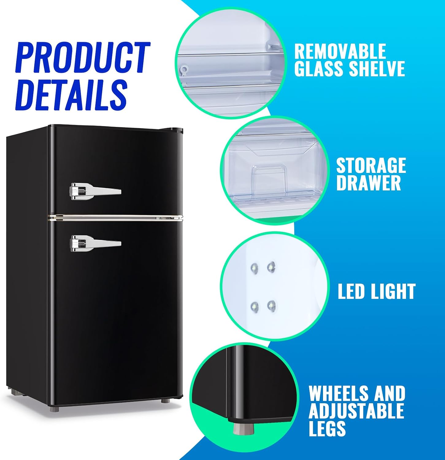 Mini Refrigerator with Freezer Small Fridge Double Door Side Drink Holder Adjustable Glass Shelves, Plastic Crisper, 7 Level Temperature Control for Bedroom, Office, Apartment Black