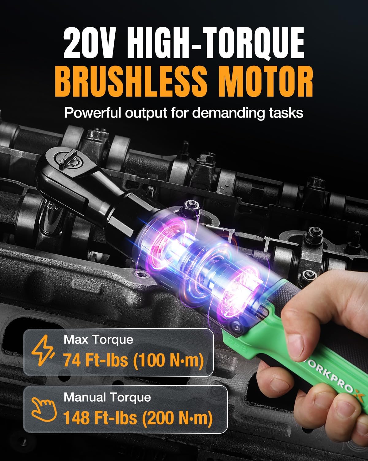 WORKPROX Electric Ratchet Wrench 1/2' Set, 20V Cordless Ratchet Wrench Kit, 74Ft-lbs, 250RPM, Battery Powered Ratchet with LED Light, 2-Pack 2000mAh Batteries, 7 Sockets & 3' Extension Bar