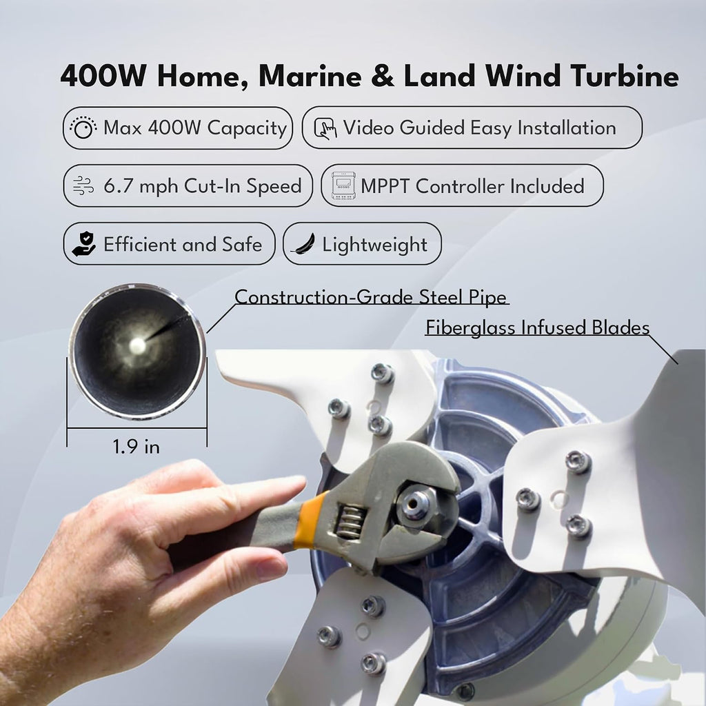 Windmill 400W 12V Land and Marine Wind Turbine Generator kit. Inbuilt MPPT Charge Controller + Automatic and Manual Braking System with Amps Meter. DIY Installation
