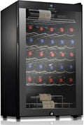 NutriChef PKCWC340 Wine Fridge, 34 Bottle Single Zone Beverage Chiller, 93.5L Capacity, 33x19x17 IN, Black