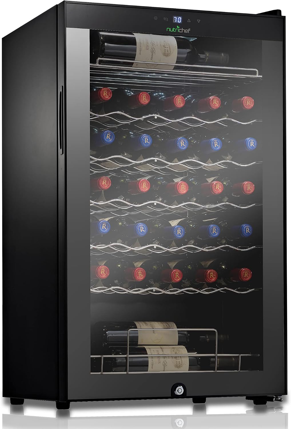 NutriChef PKCWC340 Wine Fridge, 34 Bottle Single Zone Beverage Chiller, 93.5L Capacity, 33x19x17 IN, Black