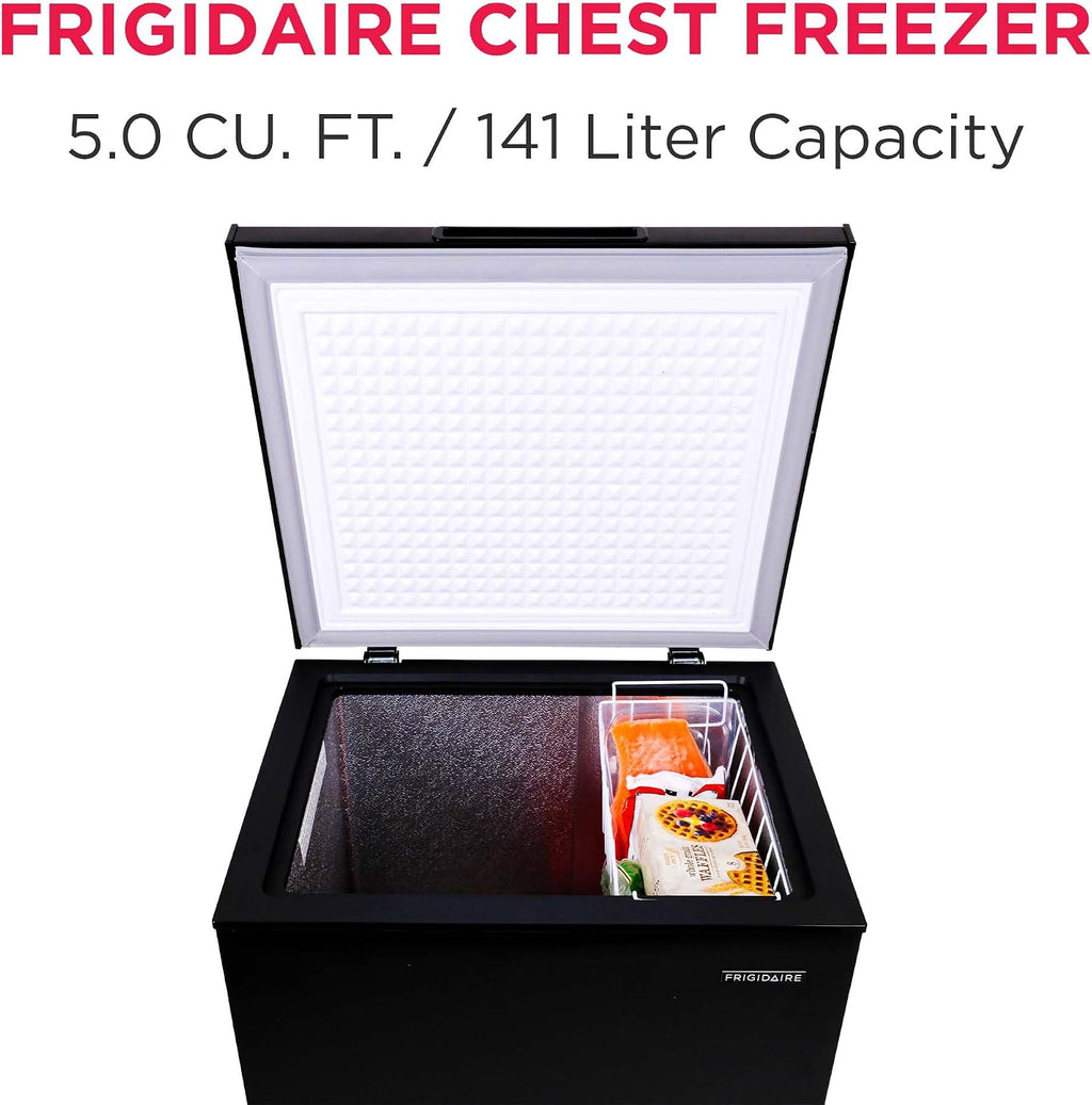 FRIGIDAIRE EFRF5003-BLACK Chest Deep Freezer-Garage-Ready, 5.0 Cu. Ft. Capacity, Black-Adjustable Thermostat-Removable Vinyl Coated Wire Basket-Easy Defrost Drain