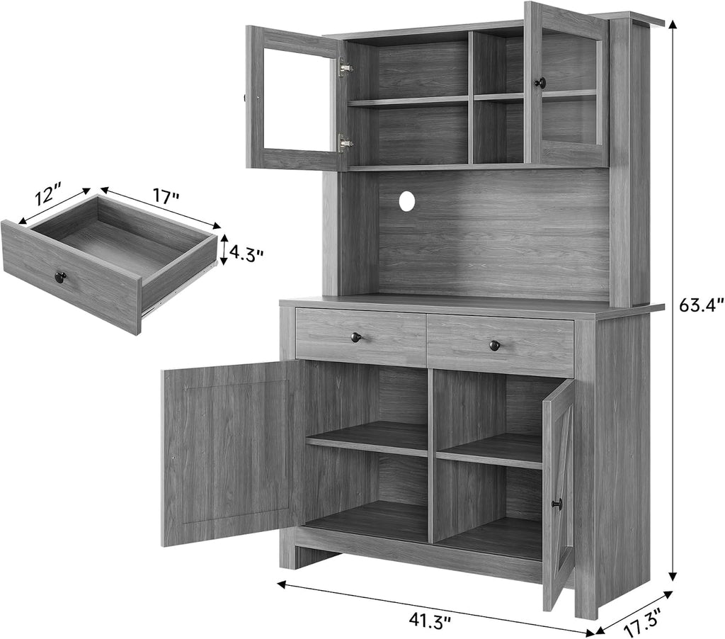 63' Tall Farmhouse Kitchen Pantry Cabinet with Microwave Stand, Freestanding Pantry Hutch Cabinet with Adjustable Shelves, Drawers & Countertop, Buffet Cupboard for Dining & Living Room Storage, Grey